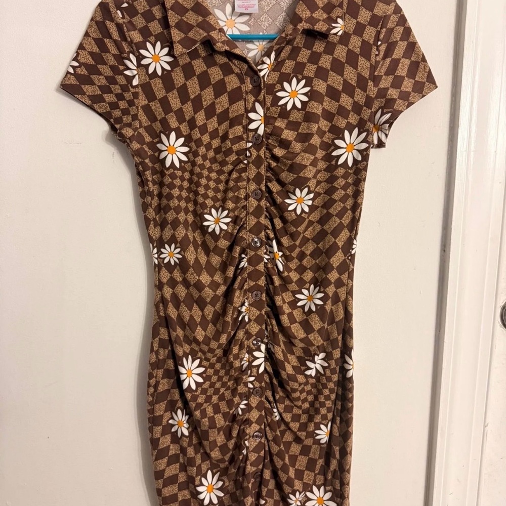 SHEIN Brown Checkered Daisy Ruched Midi Dress